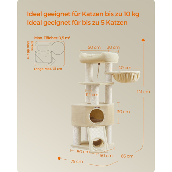 Rootz Cat Tree Tower - Cat Climber - Skrapstolpe - Spånskiva struktur - Plysch finish - Sisal rep - 50cm x 50cm x 141cm
