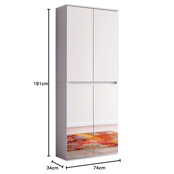 Rootz Mirror Wardrobe - Reflective Closet - Storage Cabinet - Mirrored Armoire - Dressing Unit - Storage Unit - Clothing Organizer - White Melamine -
