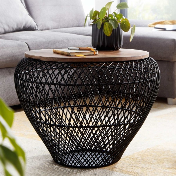Rootz soffbord mango massivt trä metall 60x60x45 cm svart runt med förvaringsutrymme - Design vardagsrumsbord flätat bord modernt - Avslutsbord soffa