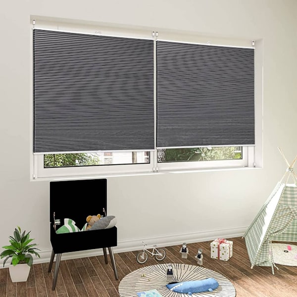 Rootz dubbelplisserad persienn - Aluminiumbelagd - Kedjefri drivning - Bullerreducering - 60-110 cm x 120/130 cm - Mörkgrå-Vit - Lätt att installera