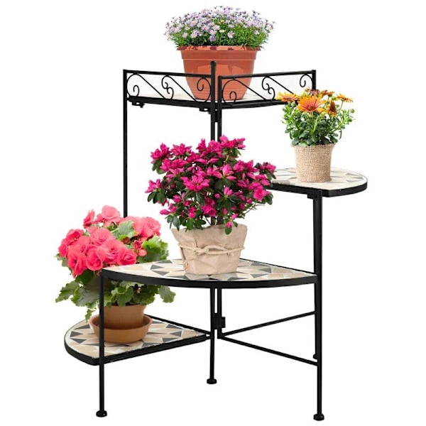 Rootz Blomsterställ - Växthylla - Växthylla - Blomstrappa i 4 våningar - Fällbar - Trädgårdsbalkong - Metallkeramiska plattor - Svart/Beige - 64 x 64