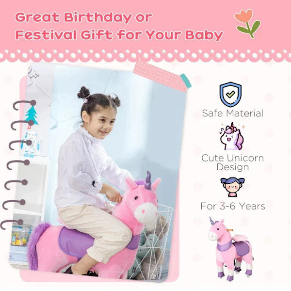 Rootz Kids Gyngehest - Gyngehest - Ride-on Unicorn til børn - Med to hjul - Stål/Poppeltræ/PU - Pink - 70 cm x 32 cm x 87 cm