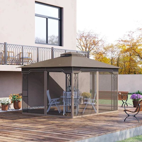 Rootz Gazebo - Puutarhapaviljonki - Puutarhateltta - Juhlateltta - Hyönteisverkot ja kulmahyllyt - Metalli/polyesteri - Ruskea/Beige - 3,7 x 3 m