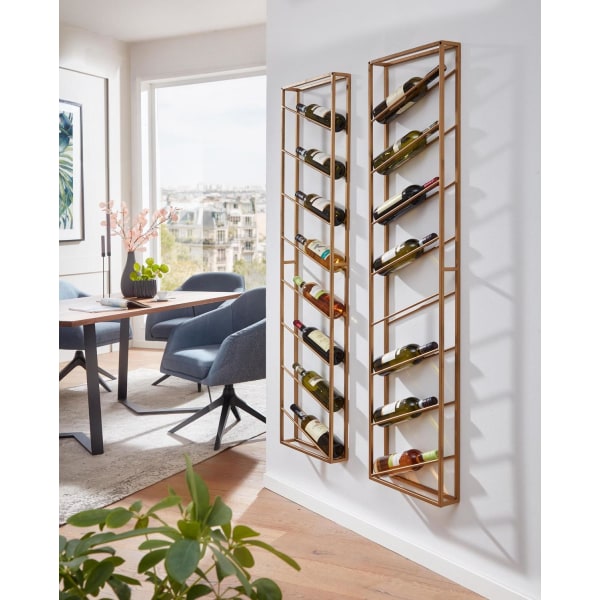 Rootz rack vägg metall guld 36x150x8 cm stor för 8 flaskor - Design vägghylla för köket - Flaskställ Hängande smal Väggmonterad