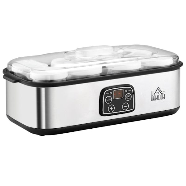 Rootz Yoghurt Maker - Yoghurtmaskine med lcd-skærm - 8 yoghurtdåser med glaslåg - rustfrit stål - glas - sølv - 36 x 18,8 x 14 cm