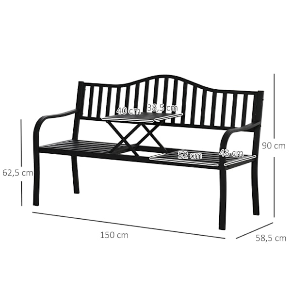Rootz trädgårdsbänk med utdragbart bord - Uteservering - Uteplatsmöbler - Slitstark metall - Bekväm design - 150W x 58,5D x 90H cm