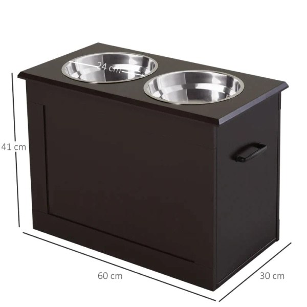 Rootz foderstation - 2 foderskåle i rustfrit stål - Skjult opbevaring - Hvid + Sølv - 60 cm x 30 cm x 41 cm