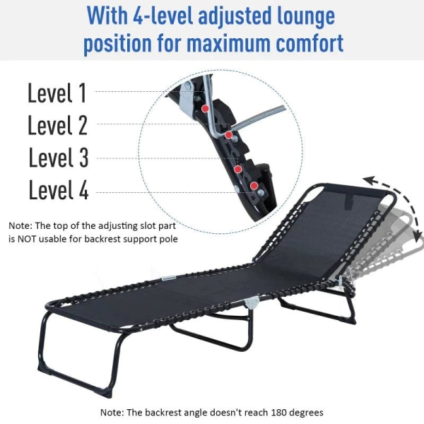 Rootz liggestol - Sammenklappelig haveseng - Sammenklappelig have 4-trins ryglæn - Justerbar - Stål - Mesh stof - Sort - 197 x 58 x 76 cm
