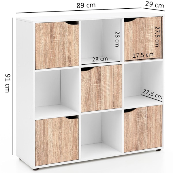 Rootz SAMO 89 x 91 x 29 cm Reol med 9 rum Sonoma - Standhylde med 5 låger - Moderne terninghylde rumdeler - Halskab åbent - Cuberegal kommode opholdsh