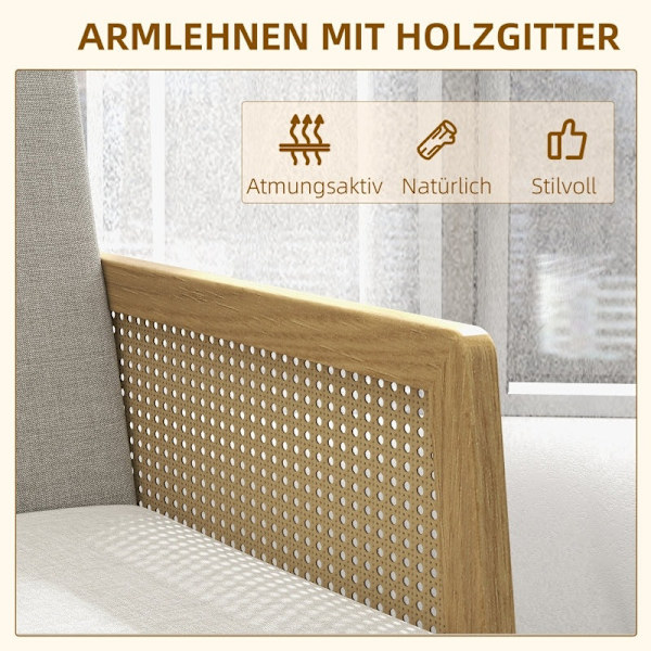 Rootz Accent Chair - Lounge Chair - Avkopplande stol - Rottinglook Armstöd - Andningsbart tyg - Golvskydd - 65,5 cm x 72 cm x 78 cm - Naturlig träram
