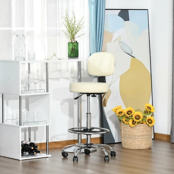 Rootz Barstol - Barstol - Drejelig barstol - Arbejdstaburet - Kontorstol - Højdejusterbar - 360° drejelig - Med ryglæn polstret - Beige - 56 x 57 x 10
