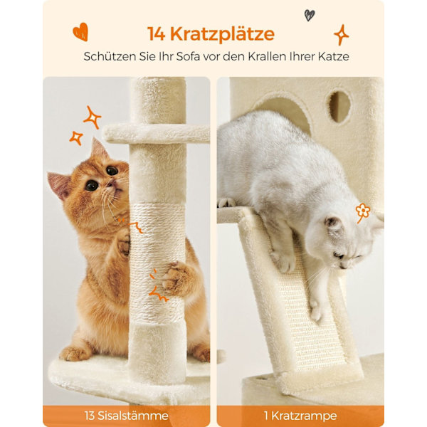 Rootz Large Beige Cat Tree - Kissan asunto - Monitasoinen Cat Tower - Lastulevy, Pehmo, Sisal - 60cm x 50cm x 206cm - 23,5kg - 75 kg Kapasiteetti