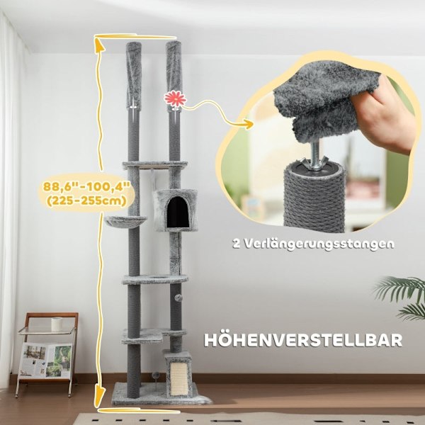 Rootz Cat Scratching Post Tree - Justerbara höjder - Mysiga hängmattor - Flera nivåer - Mjukt skydd - Rejäla stöd - Golv till tak - Grå - 60cm x 48cm