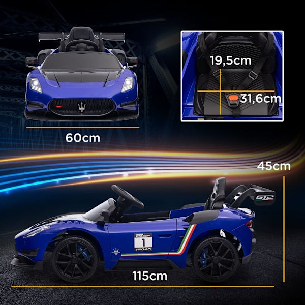 Rootz 12V Maserati GT2 lasten sähköauto - Lasten urheiluauto - Ajo-ajoneuvo - Endless Fun - 115cm x 60cm x 45cm