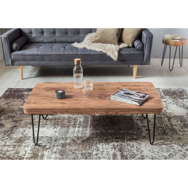 Rootz soffbord massivt trä akacia 115 cm brett vardagsrumsbord design metallben lantlig sidobord