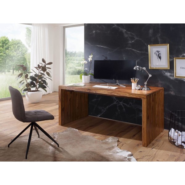 Rootz skrivebord massivt træ Sheesham computerbord 120 cm bredt ægte træ design arkiveringskontorbord i landlig stil