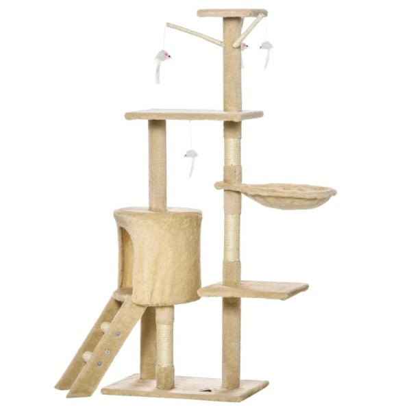 Rootz Scratching Post - Cat Tree - Cat Climbing Tree - Climbing Tree - Cat Scratching House - Cat Cave - 4 Toys - Beige + White - 50 x 35 x 134.2 cm