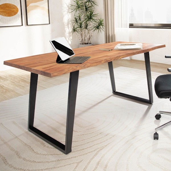 Rootz Modern Design Kontorbord - Skrivebord i massivt træ - Naturligt trækorn - U-formede metalben - Håndlavet - 180 cm x 90 cm x 76 cm