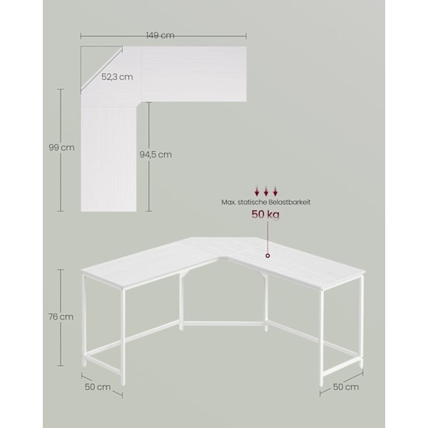 Rootz Modern Computer Desk - Kontorbord - Arbejdsstation - Spånplade - Robust stålramme - 149cm x 149cm x 76cm