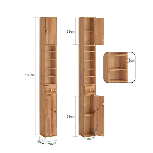 Rootz Cedar Badeværelsets kabinet - Tall Storage Unit - Rumbesparende arrangør - Miljøvenlig Cedar - 20x180x20cm