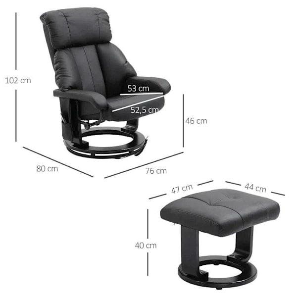 Rootz afslapningsstol med liggefunktion - Massagestol - Tv-stol - Liggestol - Ergonomisk stol - Lænestol med skammel - Sort - 76 x 80 x 102 cm
