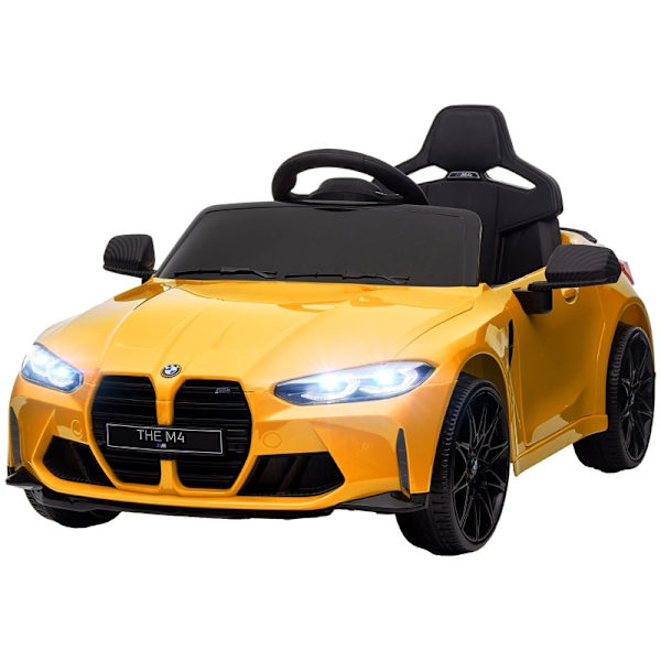 Rootz BMW M4 Elbil för barn - Ride On Toy - Batteridriven - 12V - 3-5km/h - Licensierad - Fjärrkontroll - Arbetsljus - Musik - Gul - 108L x 69,5W x 51