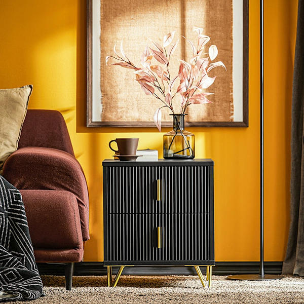 Rootz Moderne sengebord med 2 skuffer - Sofabord - Sidebord - Ridsefaste gulvbeskyttere - Elegant sort og guld design - Nem montering - 40cm x 47cm x