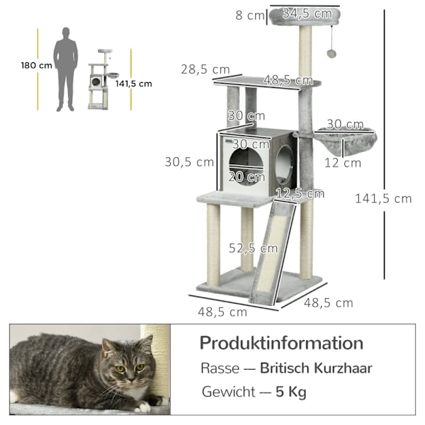 Rootz PawHut Kattekradsestolpe med hule - Kattetræ - Kattetårn i flere niveauer - Sisalreb - 48,5 cm x 48,5 cm x 141,5 cm