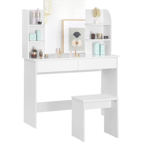 Rootz Sminkbordsset med pall och spegel - Sminkbord - Sminkbord - Högkvalitativt trä - Gott om förvaring - Stor spegel - Slitstark design - 40 cm x 14