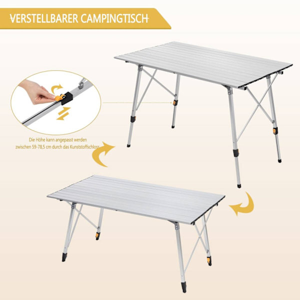 Rootz campingbord i aluminium - Bärbart fällbart bord - Justerbart utomhusbord - Robust, väderbeständig, lätt - 68,5 cm x 59-78,5 cm x 120 cm