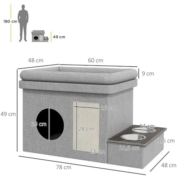 Rootz Cat House - Foderplads - 2 skåle i rustfrit stål - Ridsemåtte - Blød liggestolspude - Grå - 78 x 48 x 49,5 cm