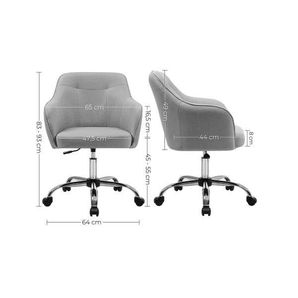 Rootz Højdejusterbar kontorstol - Skrivebordsstol - Ergonomisk stol - Åndbar overflade - Moderne design - PU-hjul - Lysegrå - Stålramme - 65cm x 69cm