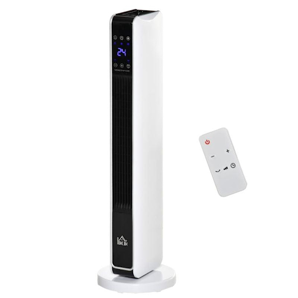 Rootz Heater - Varmeblæser - 2000W Elvarmer - Keramisk Varmetårn med Fjernbetjening - Oscillationsvarmer - ABS PA - Hvid + Sort - 21 x 21 x 73 cm