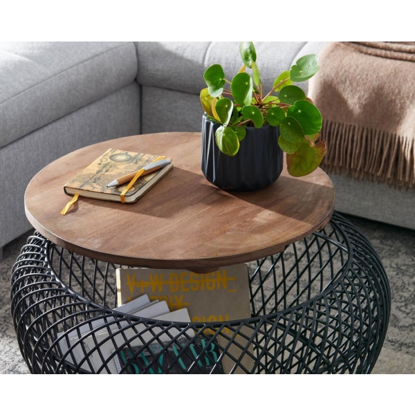 Rootz soffbord mango massivt trä metall 60x60x45 cm svart runt med förvaringsutrymme - Design vardagsrumsbord flätat bord modernt - Avslutsbord soffa