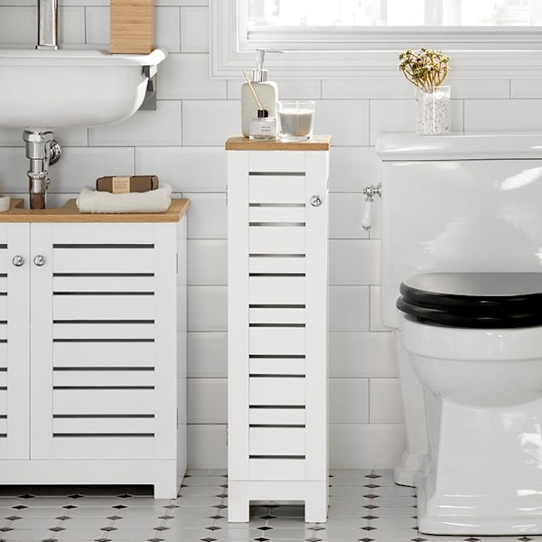 Rootz smalt toiletpapirskab - Badeværelsesopbevaring - Pladsbesparende - MDF-konstruktion - Skimmelmodstandsdygtig - Luftgennemtrængelige lameller - 2