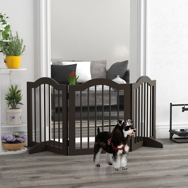 Rootz Dog Barrier - Träport för husdjur - Hundstaket inomhus - Kaffefinish - Justerbara paneler - Lilla hundvänligt - 154,5 cm x 29,5 cm x 61 cm