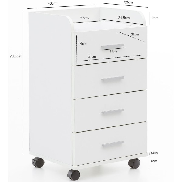 Rootz rullcontainer 40 x 70,5 x 33 cm vit - Skrivbordscontainer Rullskåp 4 lådor - Modern lådcontainer med hjul - Stativcontainer Kontorscontainer Sid