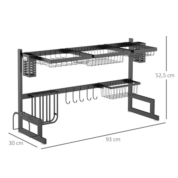 Rootz 2 Level Black Dish Drainer - Tørstativ - Dish Organizer - Modular Design - 93 cm x 30 cm x 52,5 cm stål