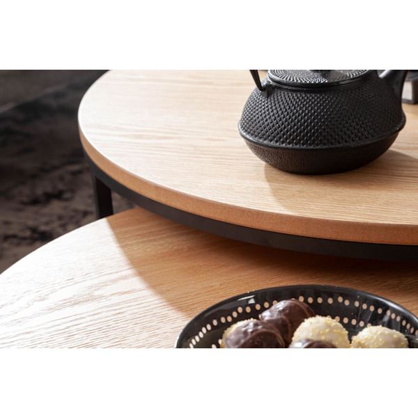 Rootz sofabord sæt af 2 træ - metal sofabord rund eg moderne - Design sidebord 2-delt - Runde stueborde - Træbord indskudsborde