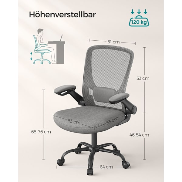 Rootz Ergonomic Dove Grey Kontorsstol - Snurrstol - Justerbar skrivbordsstol - Plast, Skum, Nylon, Stål - Svankstöd - Material som andas - 64cm x 64cm