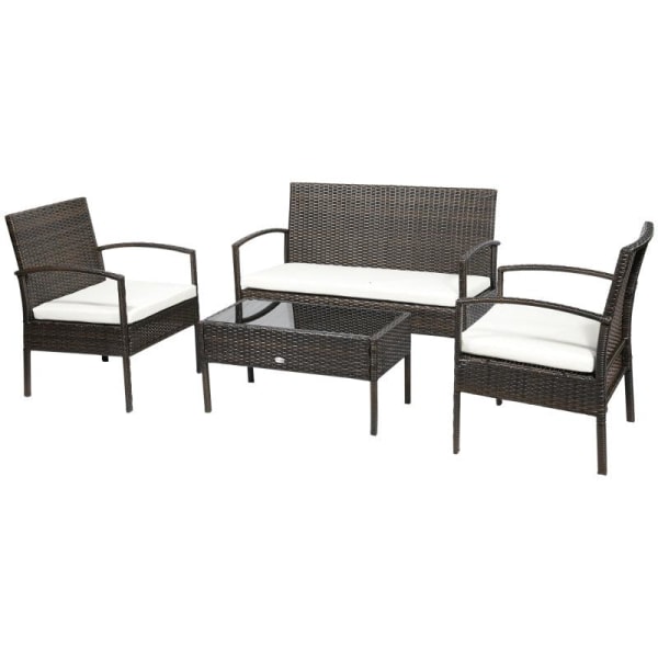 Rootz Poly Rattan Havemøbelsæt - 4-delt Rottesofasæt - Siddegruppe - Siddesæt til pause - Lounge tebord med sofa - Siddepude - Stål - Brun + Cremehvid