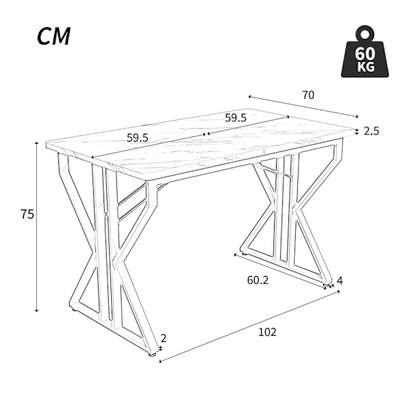 Rootz Elegant ruokapöytä - Marmoroitu pöytä - Moderni ruokapöytä - Kestävä MDF ja metalli - 119L x 70W x 75K cm
