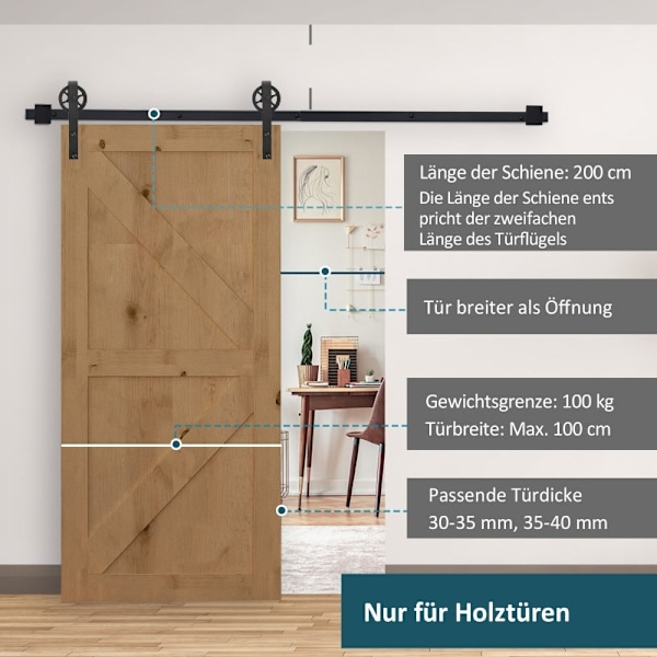 Rootz skjutbar ladugårdsdörrsats - kolstål - rustik stil - för trä- och betongväggar - 200 cm x 4 cm x 0,6 cm