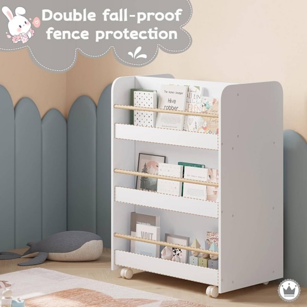 Rootz 2-i-1 bokhylla för barn - Förvaringsorganisatör - Mobil hyllenhet - Dubbelsidig åtkomst - Slitstark MDF - Barnsäker design - 62,5 cm x 82,5 cm x