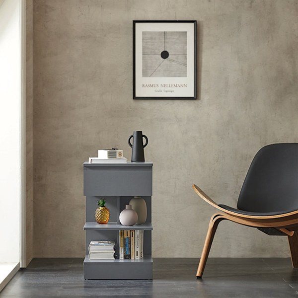 Rootz Sengebord - Natbord - Sidebord - Kommode - Rummelig opbevaring med 3 hylder og skuffe - Kompakt design Passer til smalle rum - Nem montering - G