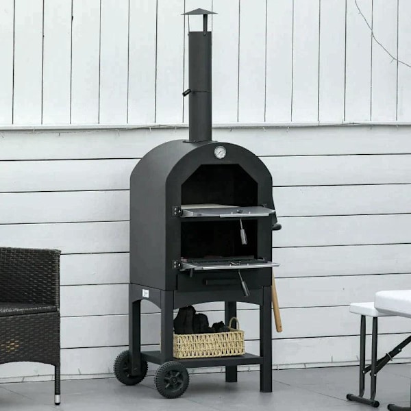 Rootz 2-i-1 utomhuspizzaugn med rullar - Grillugn med skyddande lock - Pizzaskyffel - 2 grillnät - Grillvagn med skorsten - 3-vånings vedeldad ugn för