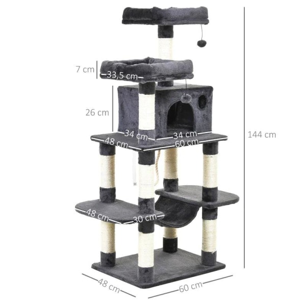 Rootz Cat Tree - Kissan talo - Kiipeilypuu riippumatolla - Kissan leikkitorni - Tummanharmaa - 60 x 48 x 144 cm