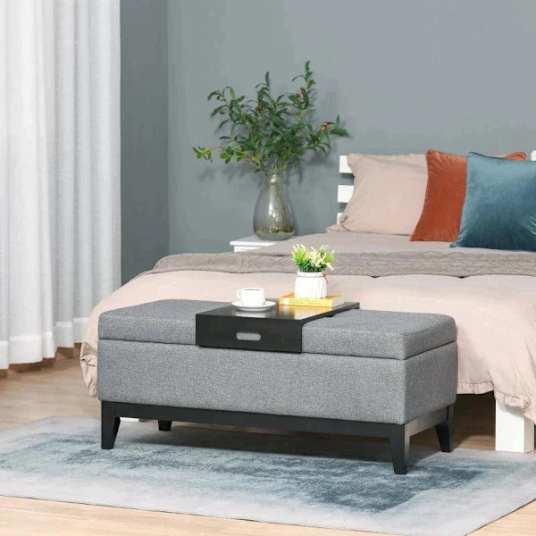 Rootz Bænk - Bænksæde - Stue - Soveværelse - Entré - Linnedlignende polyester - Skum - Mørkegrå + Sort - 107 cm x 50 cm x 44 cm