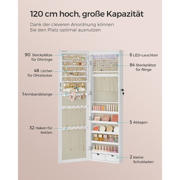 Rootz Väggmonterat hängande smyckesskåp - Halsbandsorganisator - Örhängeförvaring - Utrymmesbesparande - 45cm x 35cm x 10cm