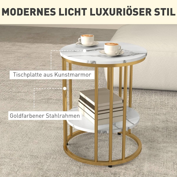 Rootz 2 -bitar Set Round Side Table - kaffebord - marmorutseende - Dubbel lagringsutrymme - Ø45 x 55H cm & Ø40 x 50,5H cm